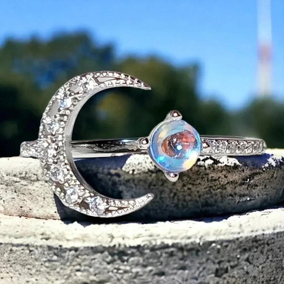 🆕️S925 Silver Crescent Moon Simulated Moonstone Adjustable Ring And Rhinestones - Picture 12 of 13